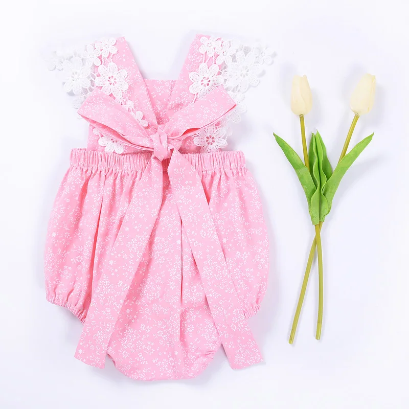 2017 Летом Новорожденных Девочек Детский Комбинезон Розовый Цвет Кружева Цветок