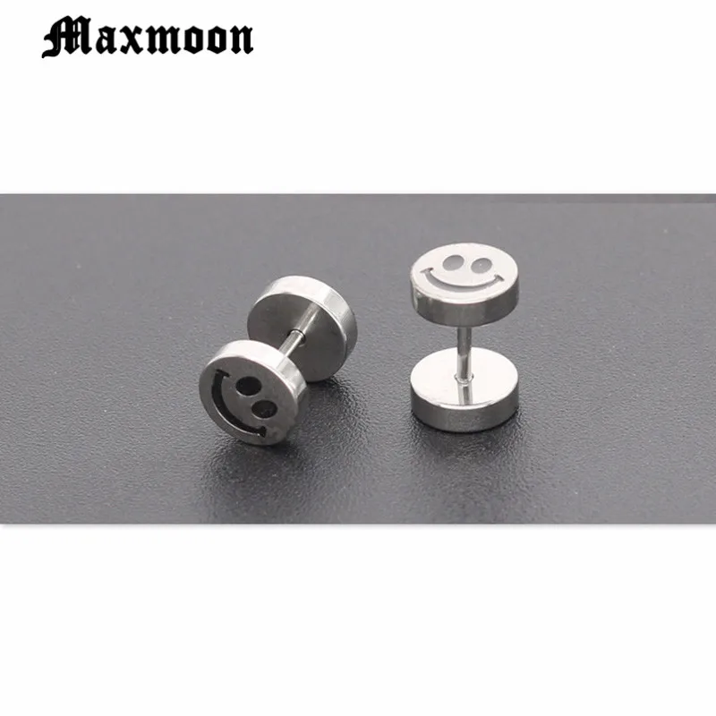 Maxmoon Smile face White Black titanium steel Punk Men Screw Back (pierced) stud earrings No fade | Украшения и аксессуары
