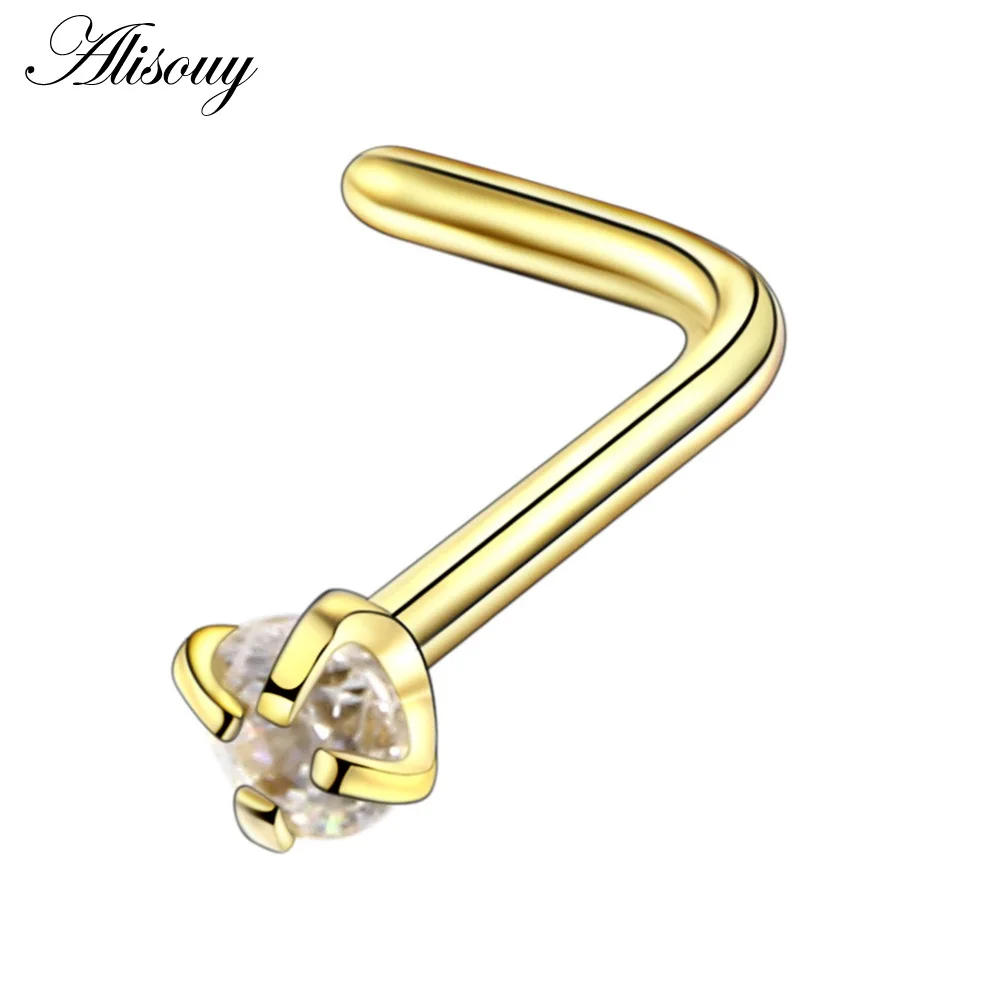 Gold Clear CZ Alisouy 20 г маленький нос шпильки для пирсинга L Форма Нос Кольца, титановые, стальные 316L циркониевый камень кубической формы, бижутерия для пирсинга, для Для женщин - Окраска металла: Gold Clear CZ