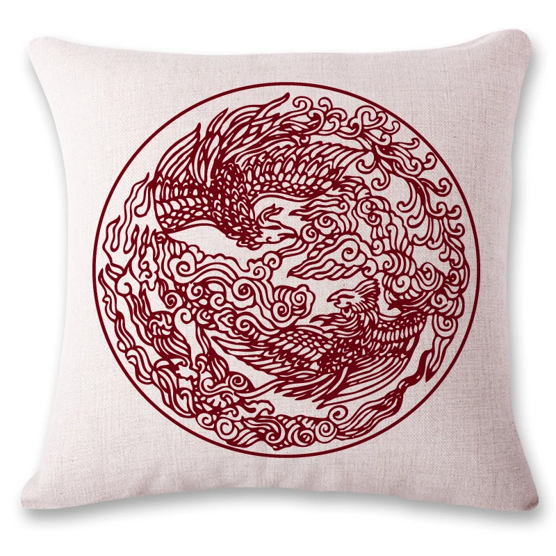 Льняной чехол для подушки в китайском стиле с рисунком дракона и феникса высокое