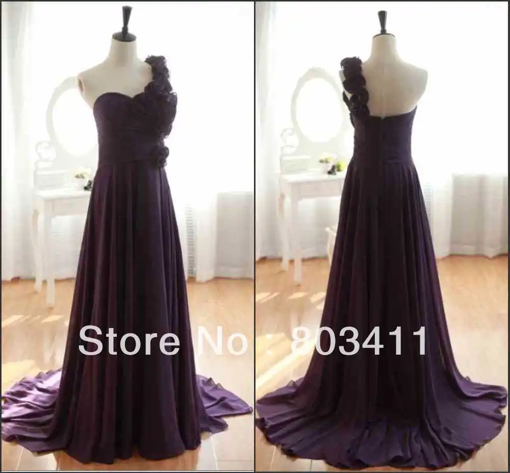 

Gorgeous Real Pictures One Shoulder Hand Made Flowers Sweep Train Bridesmaid Dress
