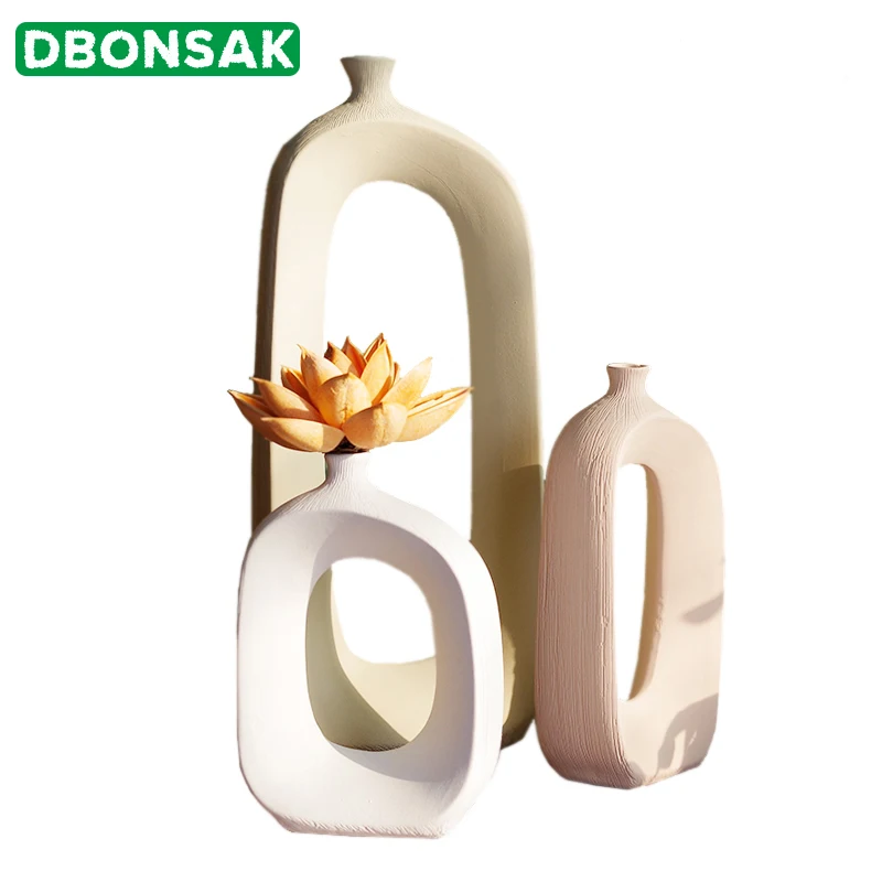

Nordic Simple Ceramic Stem Flower Hollow Vase Floral Ornaments Home Living Room Countertop Decoration Flower Insert Creative