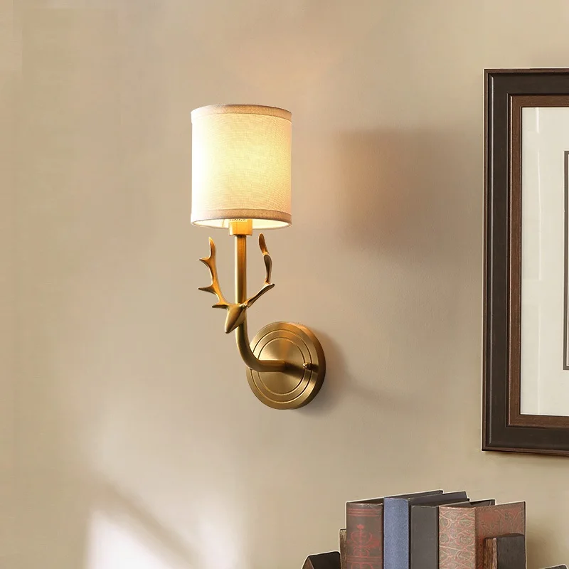 Deer antler brass material wall lamp fabric shade deer head scones Rural countryside Living room bedroom | Освещение