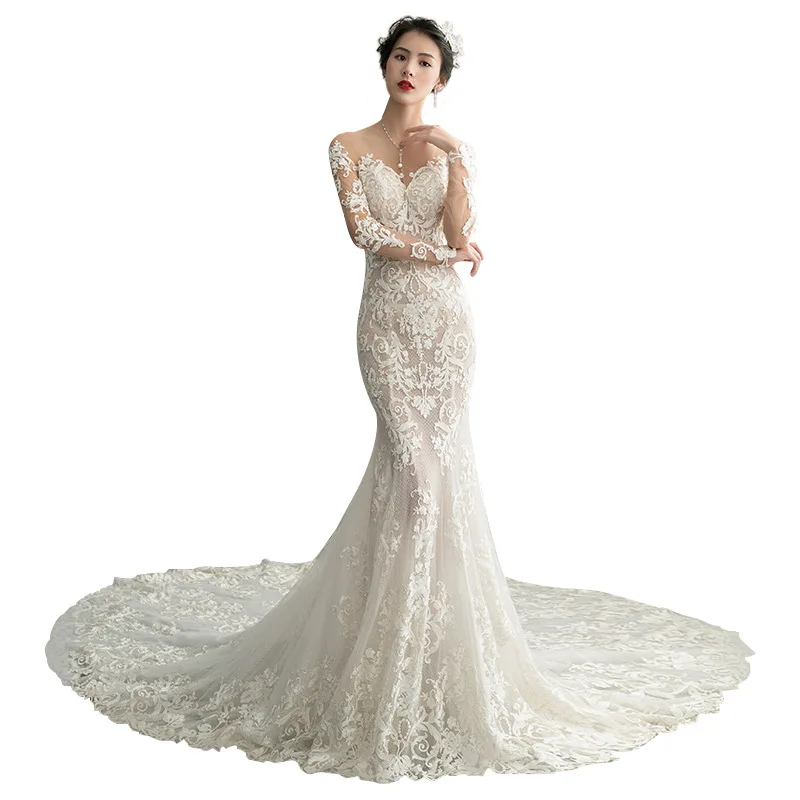 Vestido De Noiva 2019 г. Mrs Win The Bridal с длинным рукавом роскошное платье шлейфом на молнии