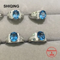 shiqing nature blue topaz 925 sterling silver gemstone vintage bands ring for man