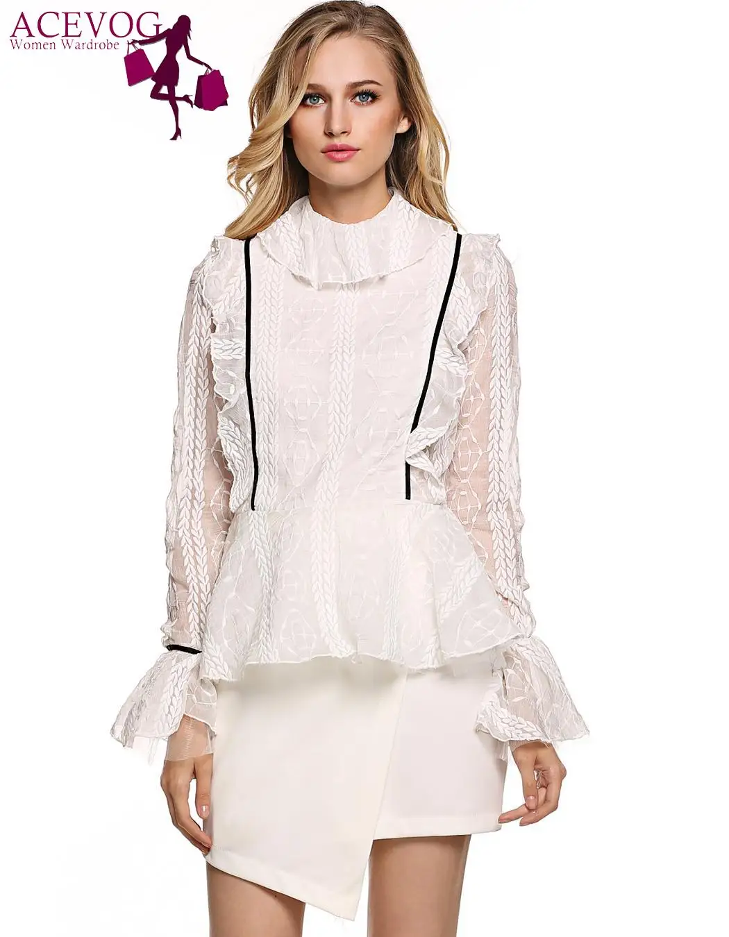 Кружева милые девушки Для женщин FINEJO блузка с длинным Расклешенным рукавом