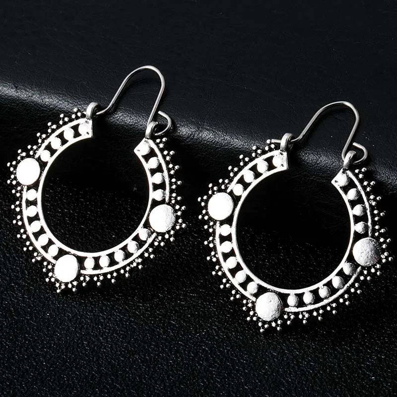 antique silver Индийские племенные латунные серьги, висячие серьги в форме цветка, украшенные вихрем «цыганские» серьги для женщин, богемные Винтажные серьги EAR00C05B - Окраска металла: antique silver