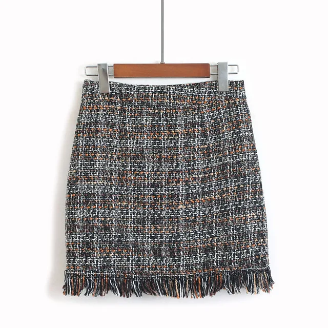 Khaki Женская шерстяная мини-юбка на осень и зиму, винтажная прямая клетчатая юбка с кисточками и высокой талией, облегающие бедра юбки Femininas - Цвет: Khaki