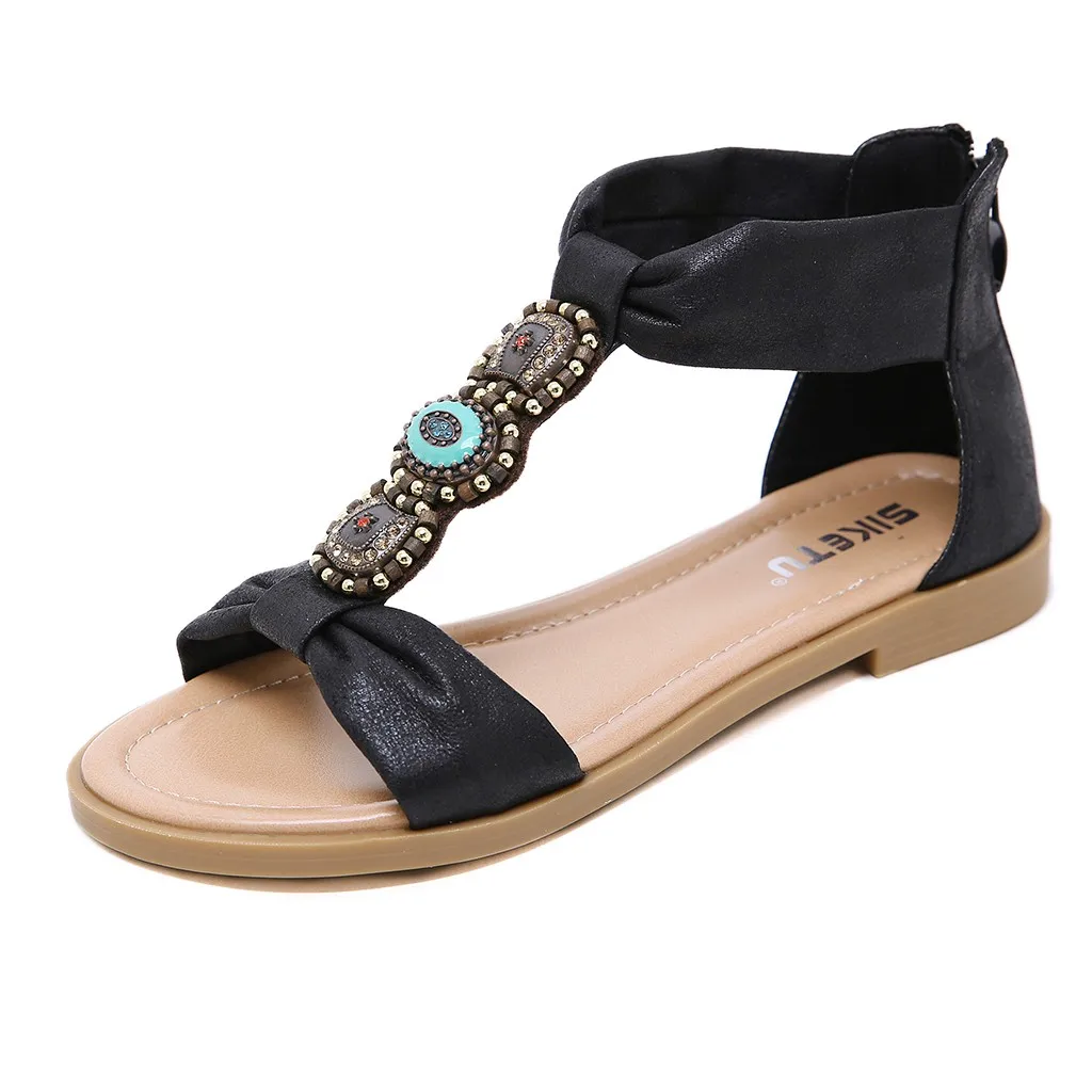 SAGACE; Новинка года; женские босоножки на платформе; chaussures femme; Женская обувь в богемном стиле; Ретро; римские повседневные сандалии на плоской подошве, украшенные жемчугом и кристаллами, на молнии