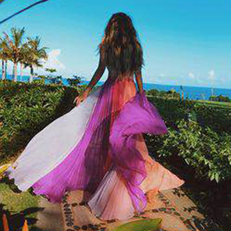 Фиолетовый Beach Dress Tunic Saida De Praia Bikini Women Cover Ups Swimwear Dresses Wear Summer Purple White Pink Spliced Length Skirt - Цвет: Фиолетовый