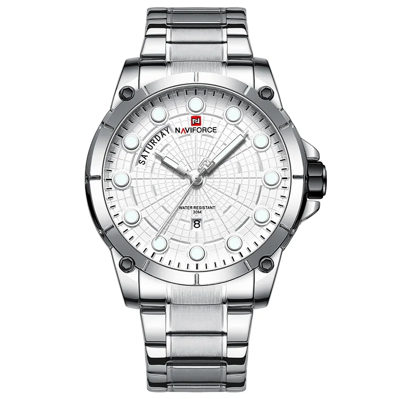 Silver White NAVIFORCE, Топ бренд, роскошные часы для мужчин, нержавеющая сталь, водонепроницаемые часы для мужчин, золотые кварцевые мужские наручные часы, Relogio Masculino - Цвет: Silver White