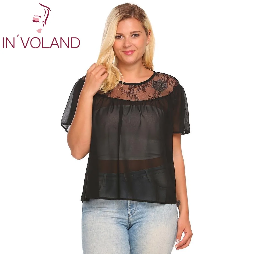 IN'VOLAND женская шифоновая блузка Blusas топы оверсайз с коротким рукавом прозрачные