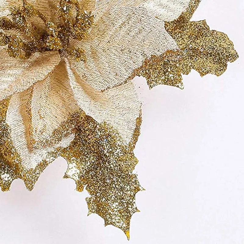 12Pieces Glitter Poinsettia Flowers Christmas Tree Poinsettia Ornaments for Christmas Valentine's Day Floral Decorations