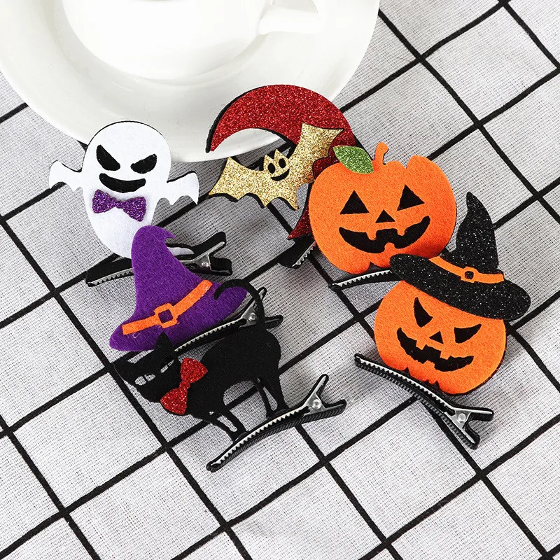 

Cute Glitter Halloween Girls Hairpins Solid Felt Hat Ghost Pumpkin Cat Hallowmas Hair Clips Party Festival Headdress gift toys