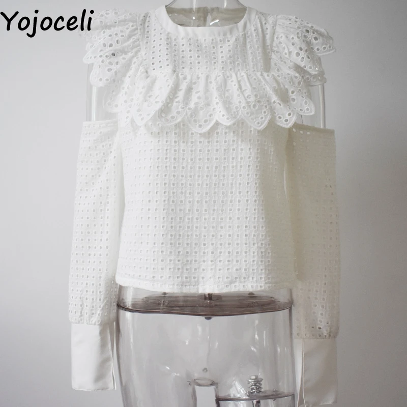 Белая кружевная блузка Yojoceli с открытыми плечами Женская Осенняя Блузка оборками