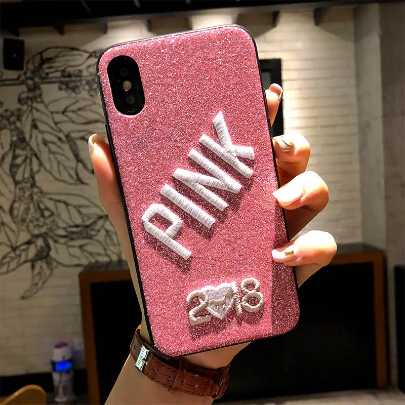 Fashion Pink Style Embroidery Mobile Phone Cases For iPhone X Glitter Back Cover 7 8 Plus Anti-knock Telefone Caixa |