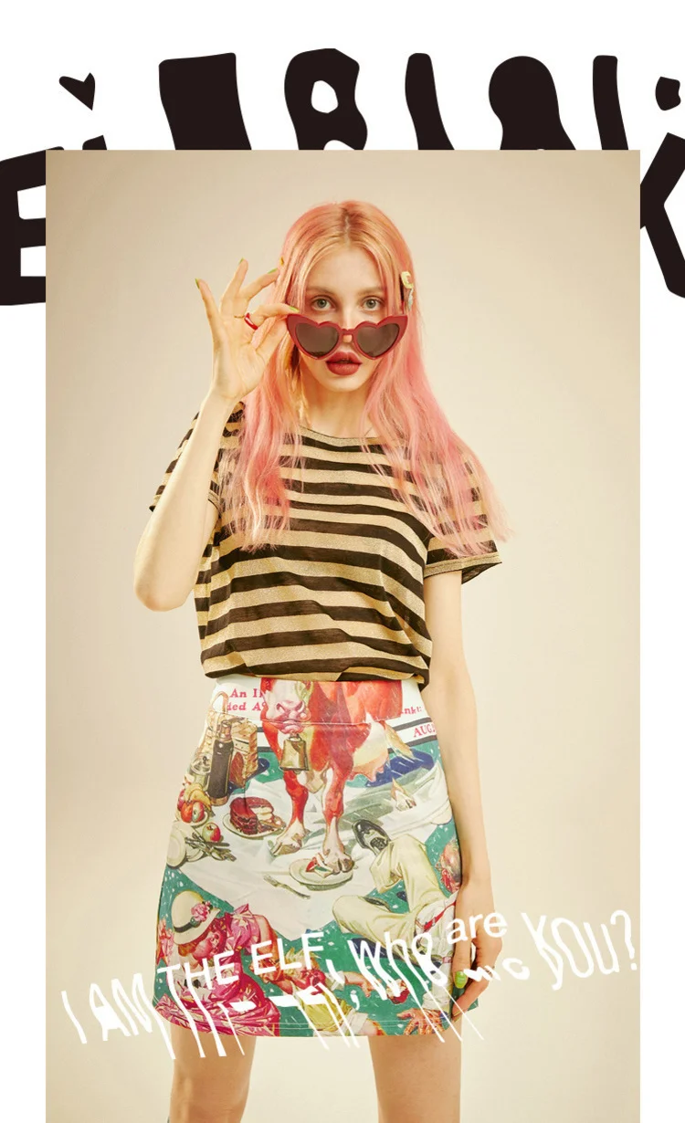ELFSACK Vintage Cartoon Print Women Skirts Fashion A-Line Mid Waist Female Skirt Summer Streetwear Casual Femme Bottoms