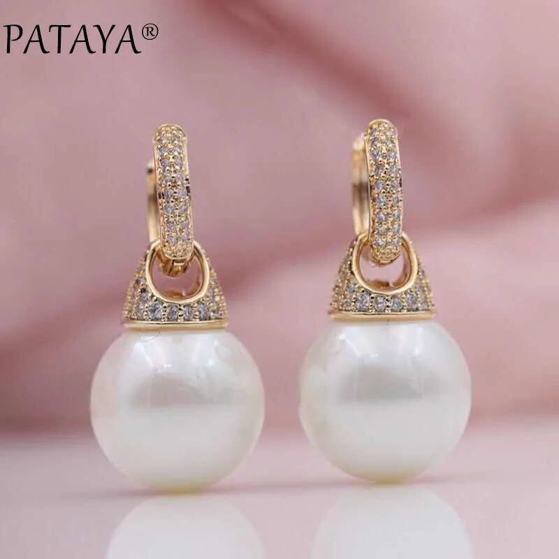 

PATAYA New Micro-wax Inlay Natural Zircon 585 Rose Gold Color Shell Pearls Multifunction Dangle Earrings Women ​Luxury Jewelry