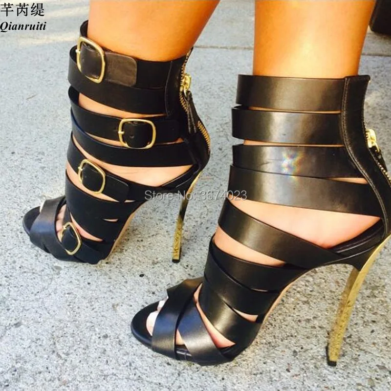 

Qianruiti/женские босоножки с ремешками черного цвета; босоножки-гладиаторы на высоком каблуке с пряжкой и металлическим лезвием; женские летни...