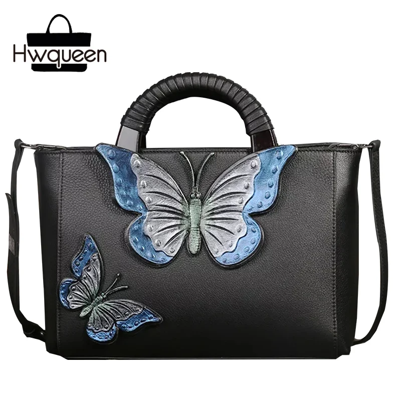 Уникальная дизайнерская женская большая сумка с деревянной ручкой и бабочкой