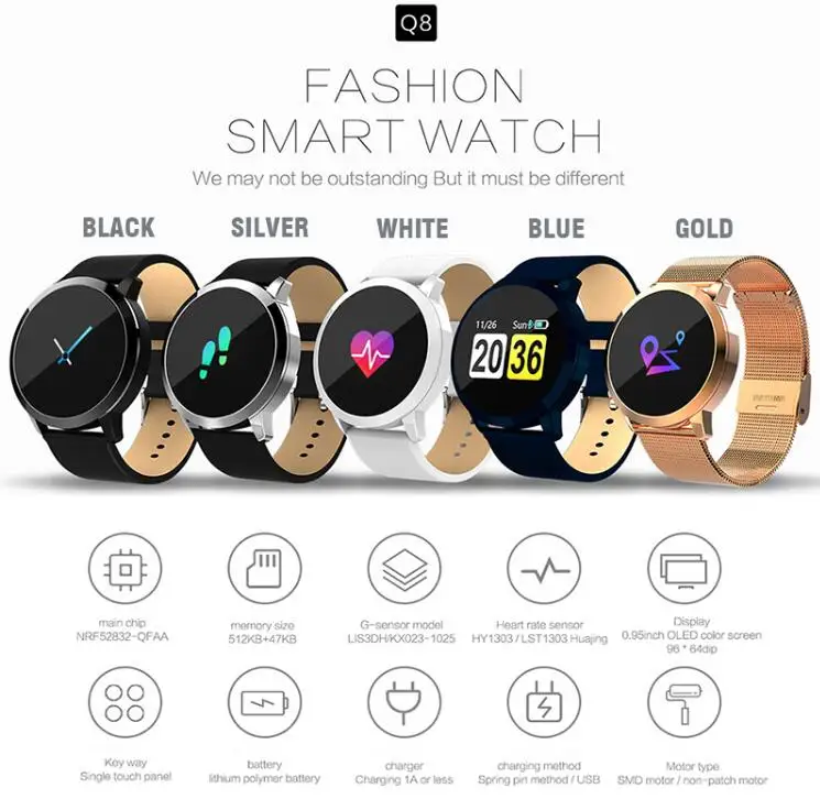 Q8 Фитнес трекер Для женщин Смарт часы мужчин Smartwatch IP67 Водонепроницаемый браслет
