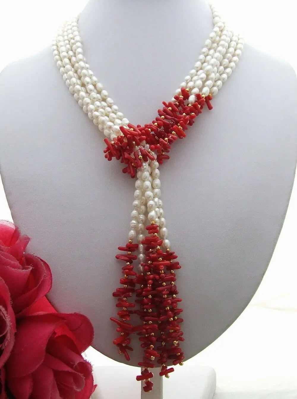 

3Strands 50" White Pearl Coral Necklace