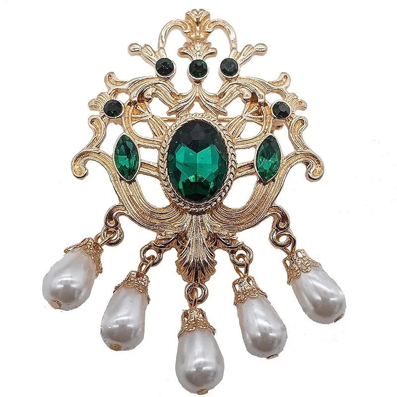 

New Design Big Green Rhinestone Drop Simulated Pearl Barque Women Brooch Pin Pupular Antique Jewelry High Quality Gift