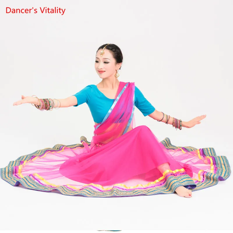 

Women India Dance Clothes Practice Suit Adult Belly Dance India Dance Performance Costumes Tops+Big Swing skirt+Veil 3pcs Set