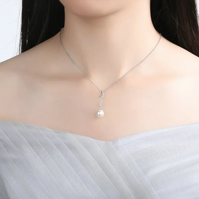 

100% 925 Sterling Silver Chain with 9mm Shell Pearl Long Wave Pendant Necklaces,100% S925 Wedding Jewelry Necklace Accessories