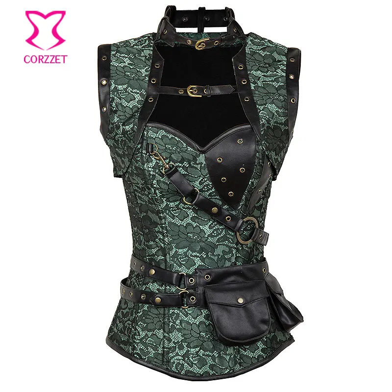 Plus Size Green Floral Jacquard Steel Boned Overbust Corset with Pouch Belt & Jacket Burlesque Outfits Steampunk Gothic Clothing
