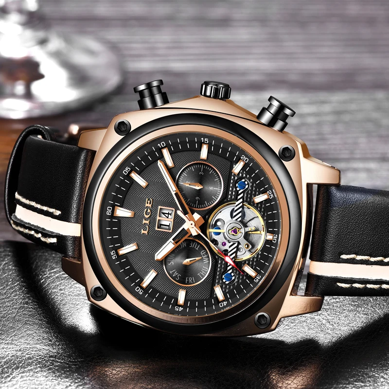 LIGE Брендовые мужские часы автоматические механические Tourbillon спортивные кожаные