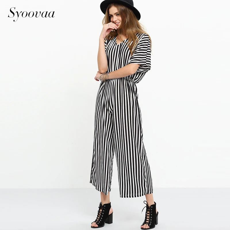 Syoovaa полосатый принт женские комбинезон Винтаж Европейский Стиль Мода Playsuit 2017