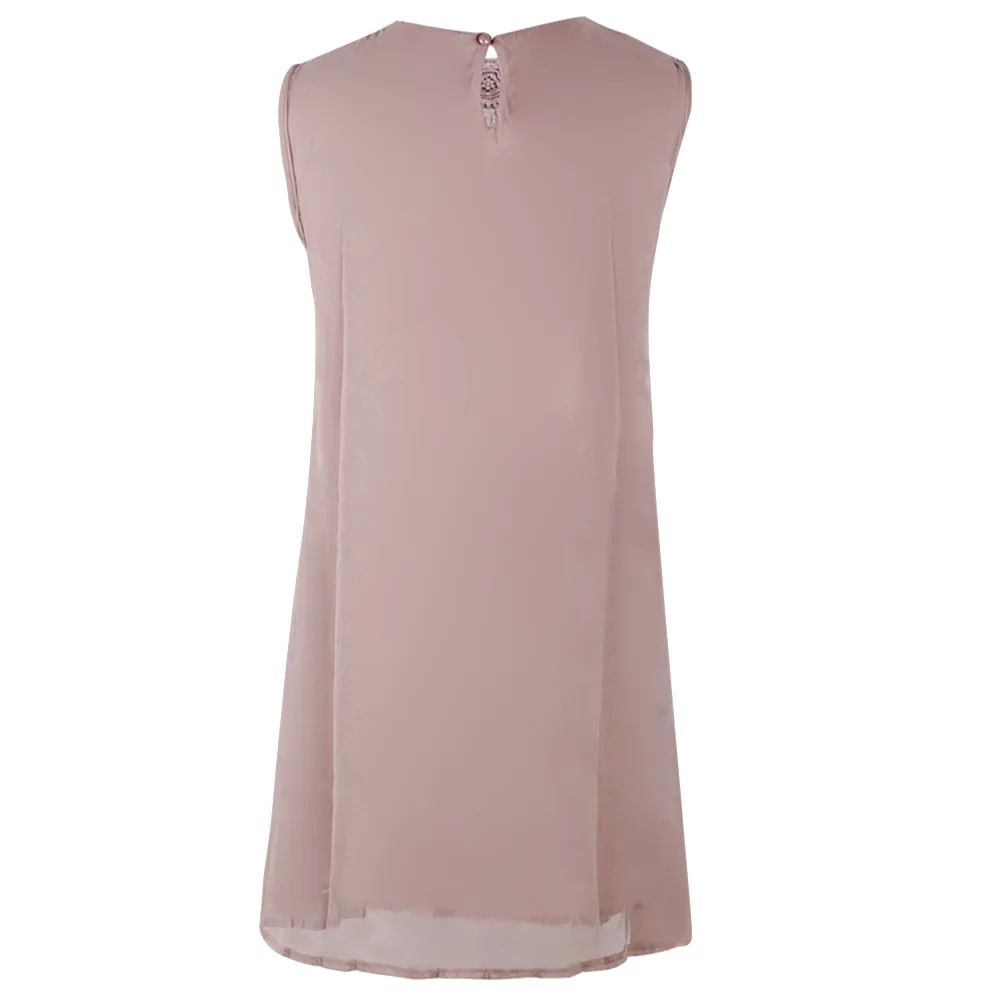 Women Casual Solid Lace Stitching O-Neck Sleeveless Chiffon Mini Dress ladies robe femme summer sundress korean dresselbise | Женская