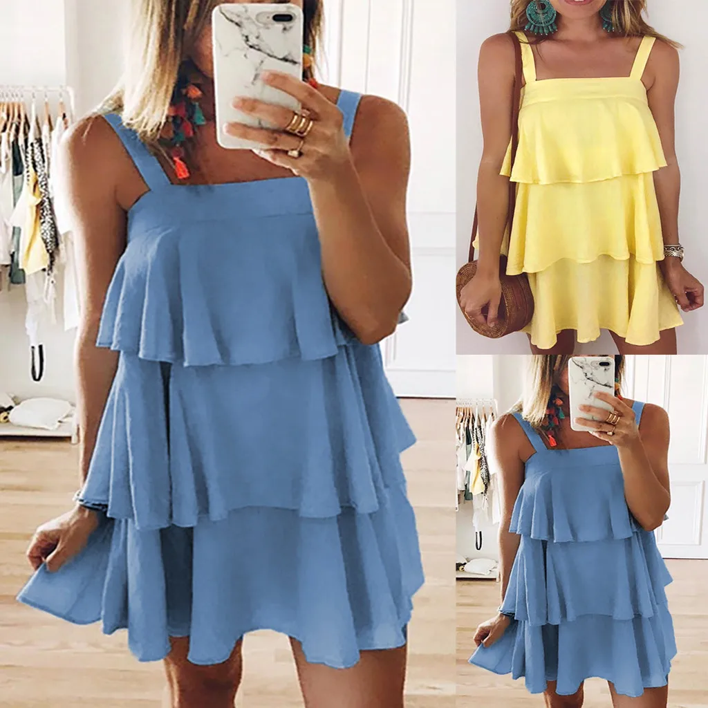 Женское летнее Повседневное платье без рукавов однотонный Топик с оборкой Boho