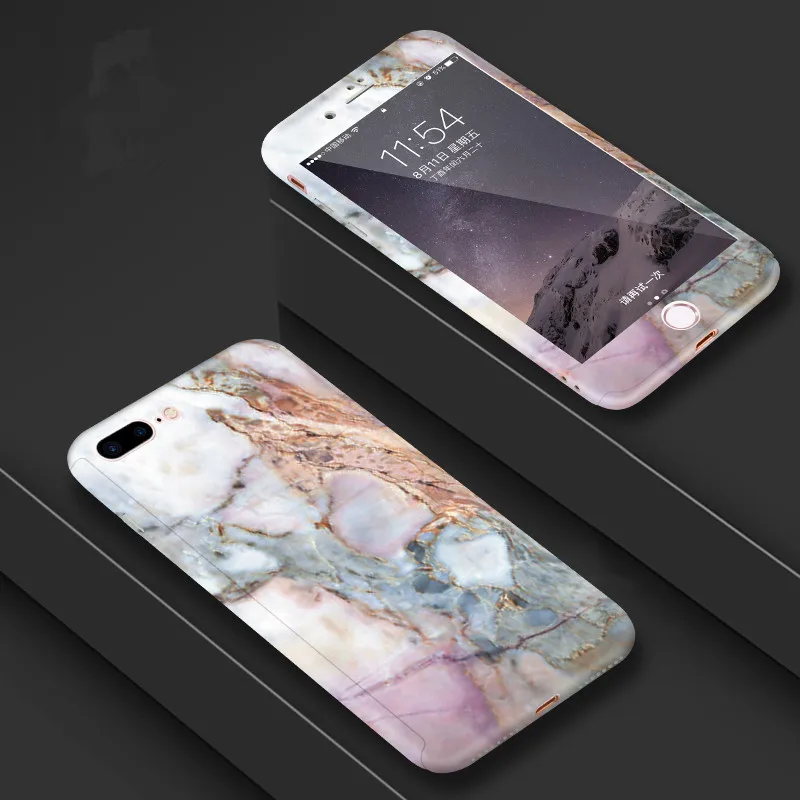 360 Degrees Hard PC Marble Phone Case for iPhone 5 5S SE 6 6S 7 8 Plus X Crystal Painting Plastic Full Body Cover Tempered Glass |