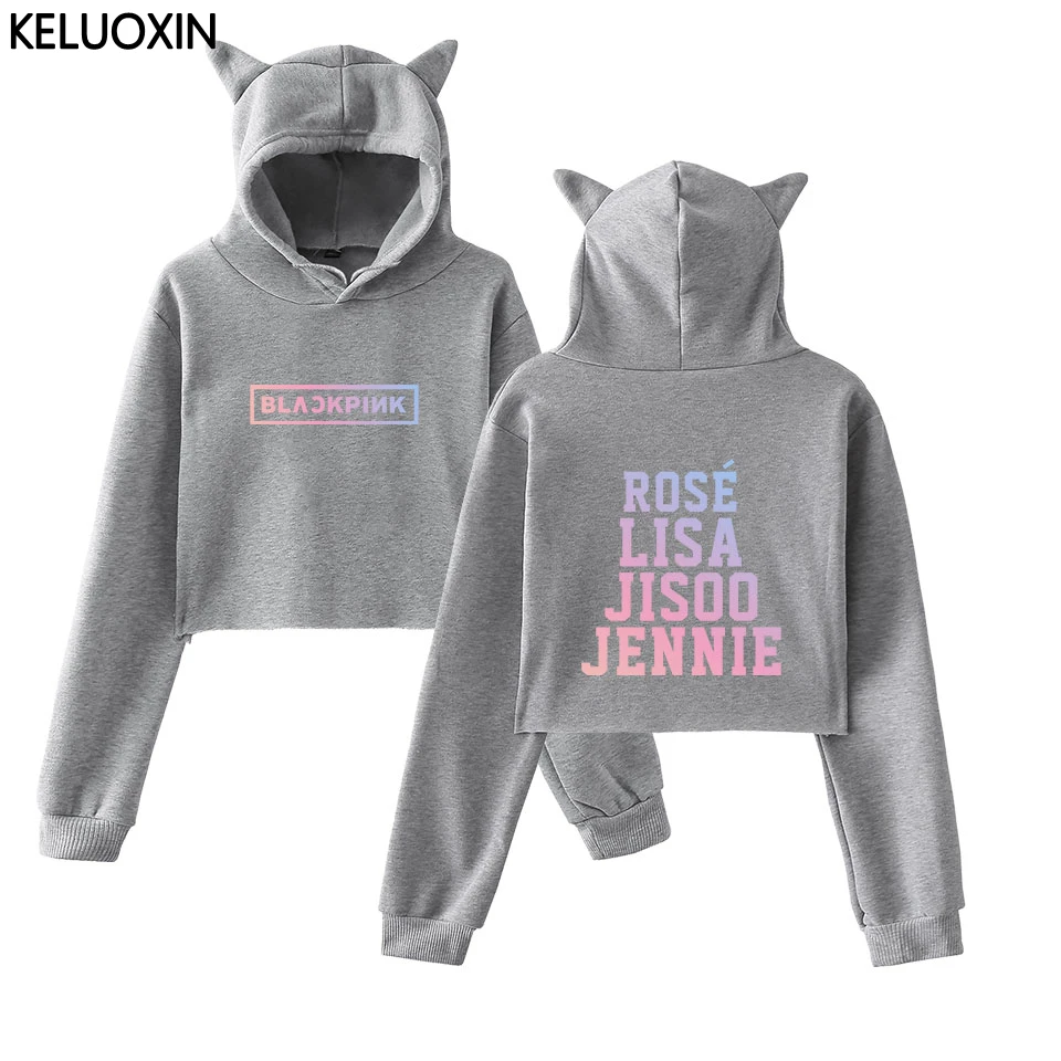 KELUOXIN Kpop Blackpink Kawaii толстовка с кошачьими ушками Женская команда с именами членов группы толстовки с принтом Blackpink вентиляторы сексуальный пупок кроп Топы