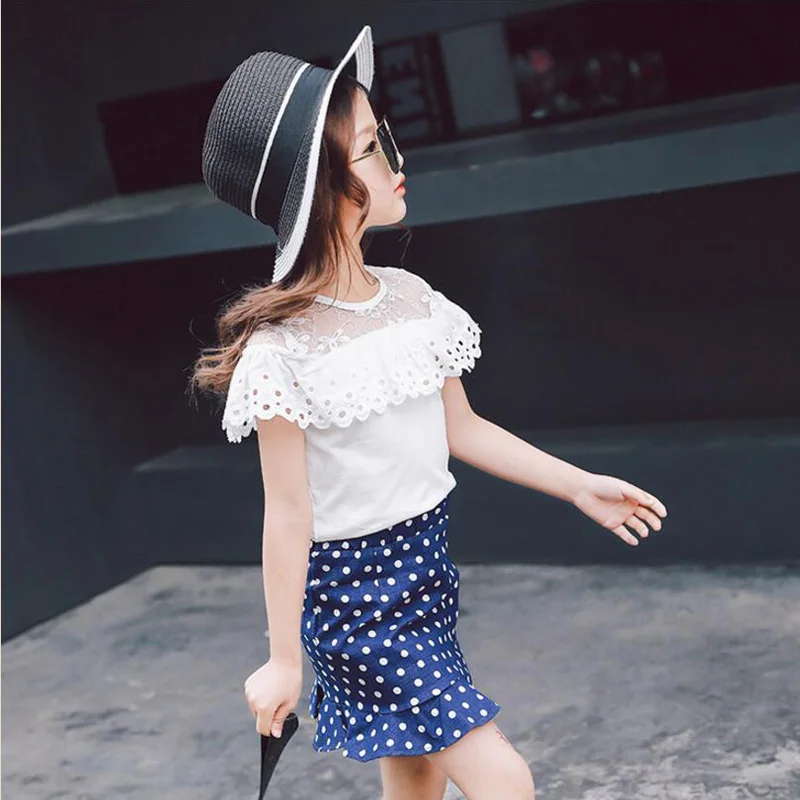 Детская одежда 2017 летняя детская набор Обувь для девочек Кружевная футболка +