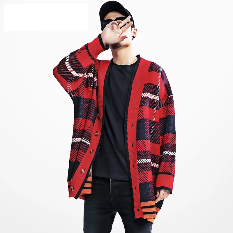 Sweater Men Blusa Masculina Fashion Hip Hop Plaid Autumn Winter Oversized Cardigan Kpop ropa cardigan masculino N-neck Sweaters |