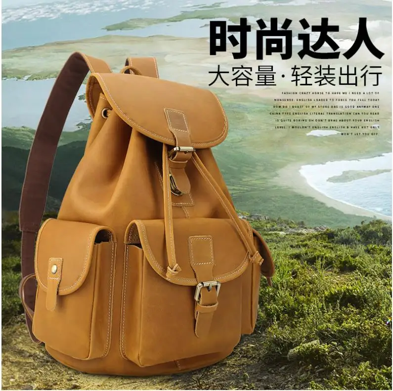 Tiding Британский Ретро Crazy Horse кожаный рюкзак для мужчин String рюкзак 14 ''путешествия Weekender плеча школьная сумка коричневый 31653