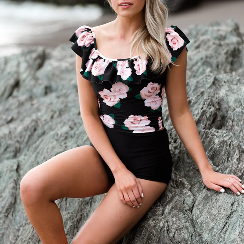 Bikinx Винтаж Высокая талия бикини 2019 Новинка с открытыми плечами гофрированные