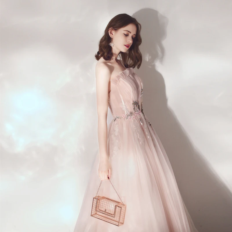 SSYfashion/Новинка элегантные светло розовые вечерние платья без бретелек с вышивкой