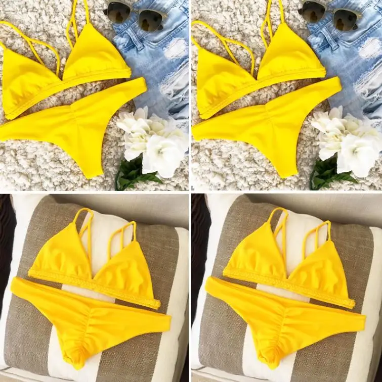 Женский винтажный Желтый комплект бикини бандаж пуш-ап мягкий бюстгальтер