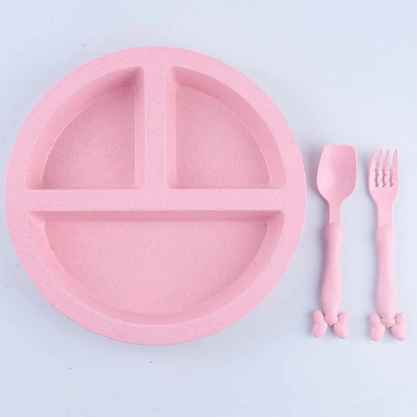 Pink Smile Set 3 шт./компл. Набор тарелок для кормления малышей, чаша, Трубная решётка, вилки для детей, столовая посуда, бамбуковое волокно, контейнер для еды, детская посуда, BPA бесплатно - Цвет: Pink Smile Set