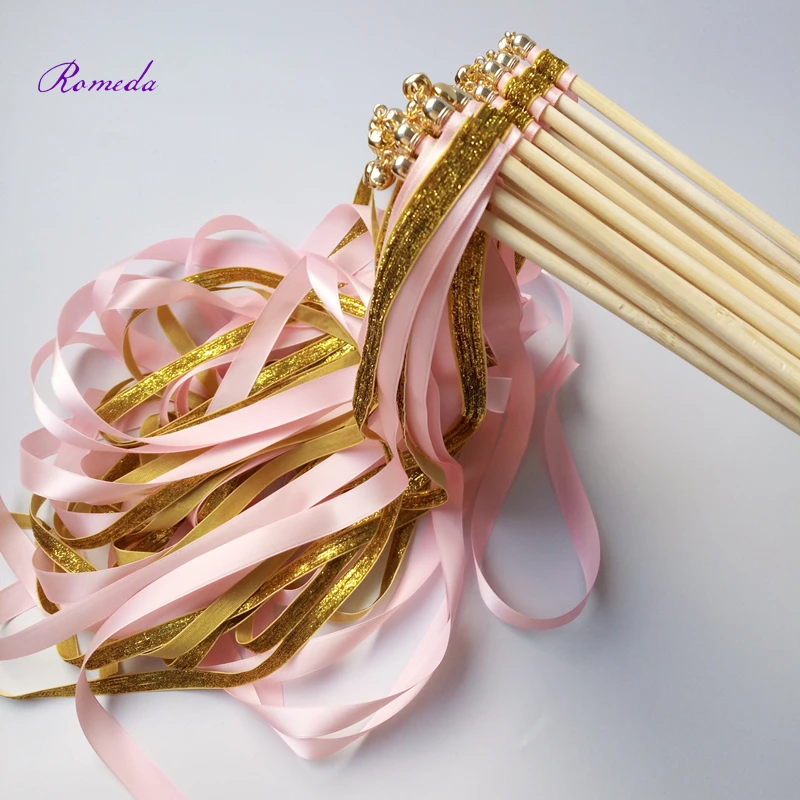 Hot Selling 50Pieces/Lot gold glitter + pink stain ribbon wands wedding stick confetti for party decoration | Дом и сад