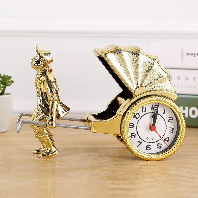 Creative ornaments retro man-pulled rickshaws clock Desktop bedside pointer type alarm plastic crafts for bedroom | Дом и сад