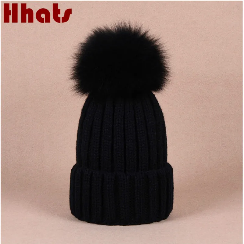

women winter hat with removable real mink fur pompom top knitted bobble genuine fox fur pom pom female beanies dropship