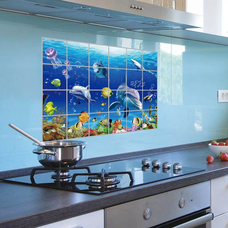 60x90 см, водостойкая алюминиевая фольга, наклейка на стену, плитка для кухни, ванной комнаты, морской мир, настенные аксессуары для дома, 8 LXY9