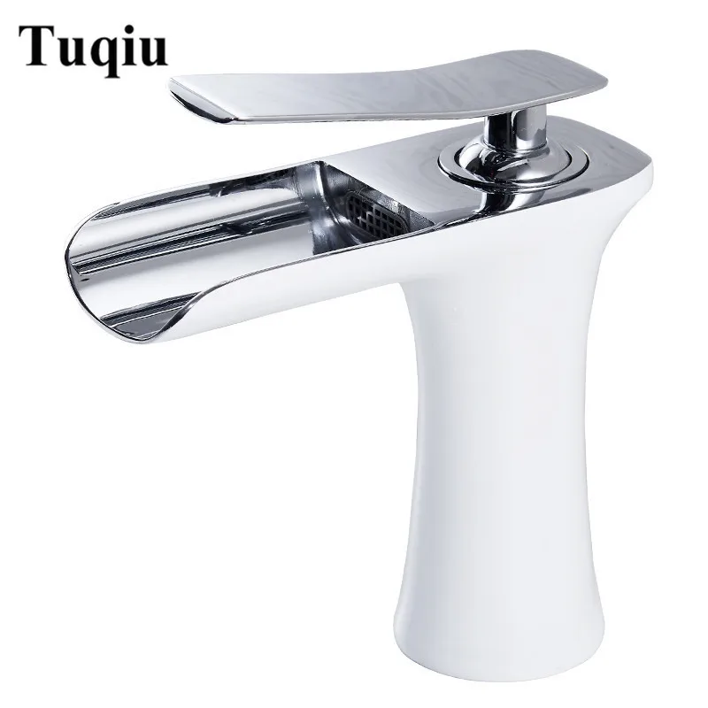 Латунный Смеситель для раковины кран Водопад с белой и хромированной отделкой