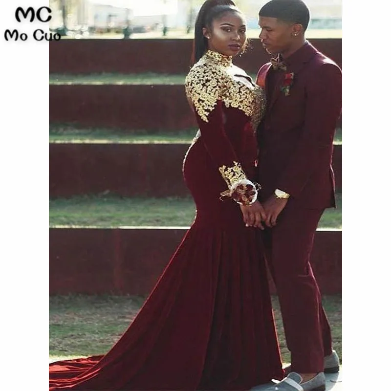 

2019 вечерние платья в африканском стиле бордового цвета с длинным рукавом и золотой аппликацией, эластичное атласное официальное вечернее п...