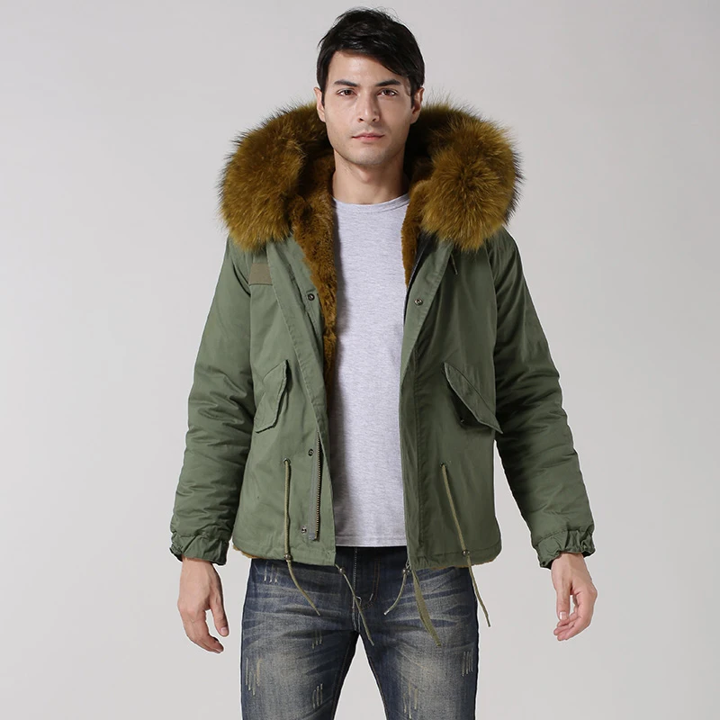 Beste Gratis Verzending 2018 Heren Korte Stijl Geel Groen Jas Fsahion Winter Warm Faux Fur Jas Echte Wasbeer Kraag